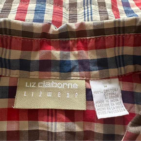 Liz Claiborne Lizwear Plaid Checkered Cropped Shirt Waist Length M 100% Cotton - Picture 7 of 7